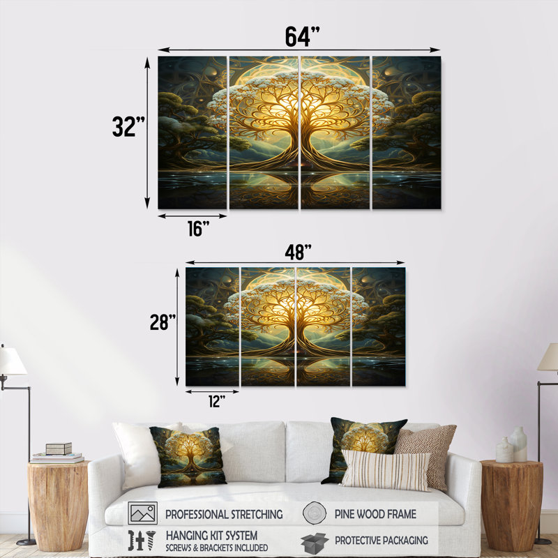 Arbre magique de la vie à la pleine lune magique, art mural chêne, 4 pièces, H 32 po x l 64 po
