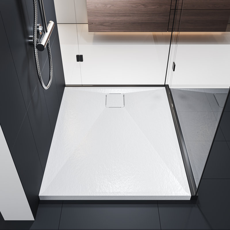  Shower Tray 100x80 cm, White Acrylic Stone Effect Base – Anti-Slip Slimline Rectangular Tray