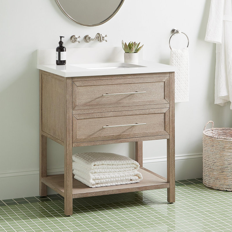 30" Robertson Single Bathroom Vanity Set with Rectangular Undermount Sink, Arctic White Quartz, No Faucet Hole, Brushed White