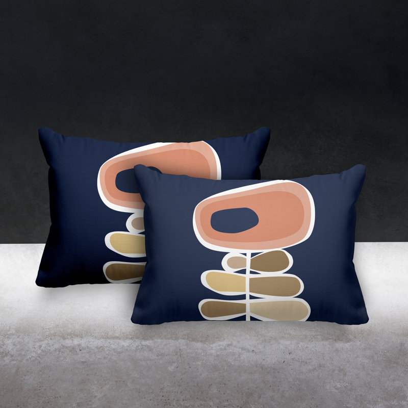 Outdoor Reversible Throw Pillow, Coral/Navy Blue/Beige