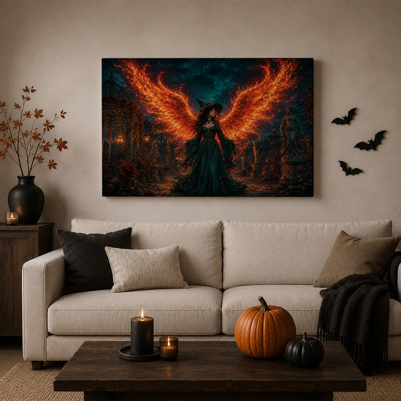 Sorcière en robe verte aux ailes de feu dans une toile murale sombre pour l'Halloween, H 12 po x l 18 po