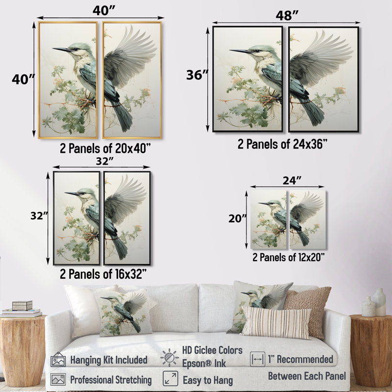 Colibri, voyage de jade 1 - impressions sur toile bleues, 2 pièces, 40" H x 40" W, Impression encadrée flottante, Cream