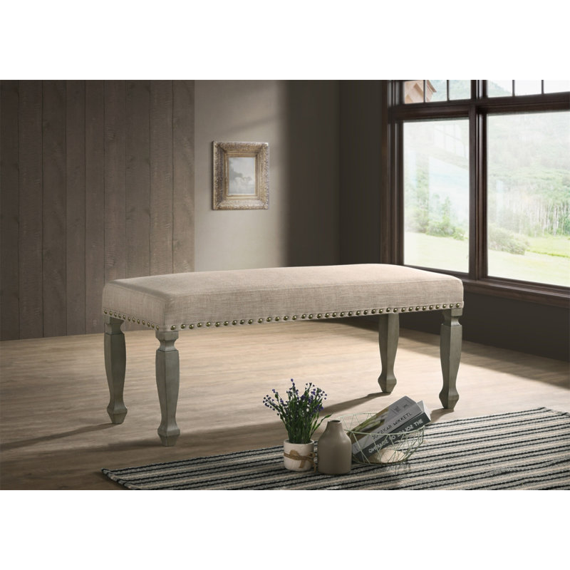 Breda Antique Gray Finish Upholstered Nailhead Bench