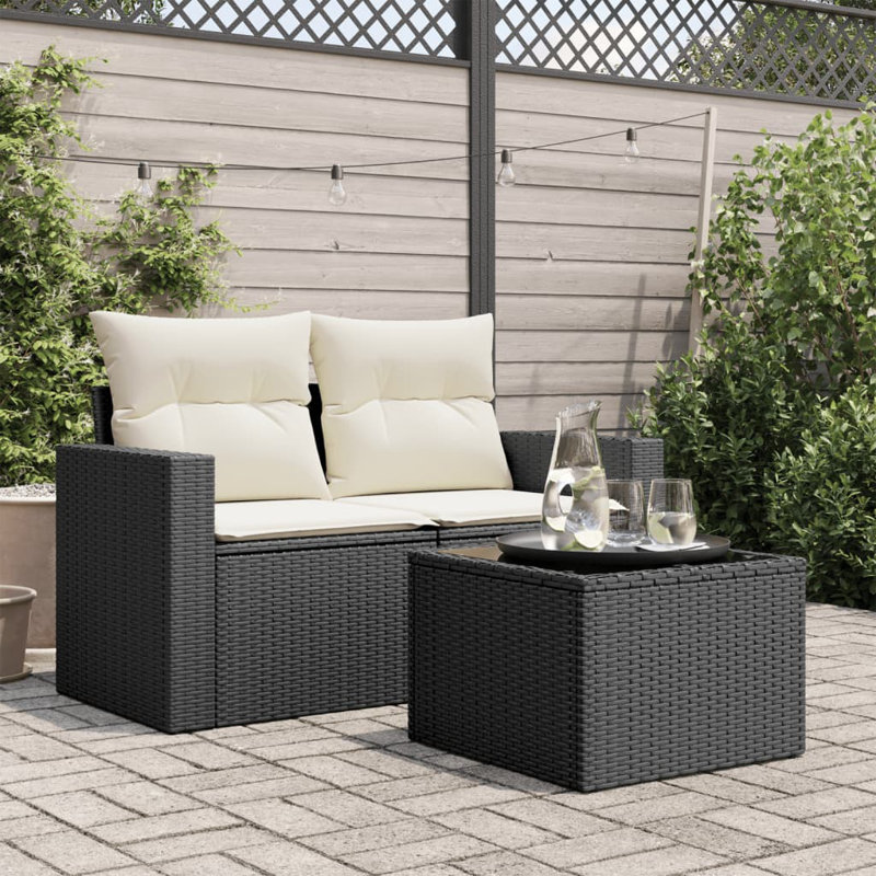  Garden Table Black PE Rattan, Powder-Coated Steel, Tempered Glass, Black