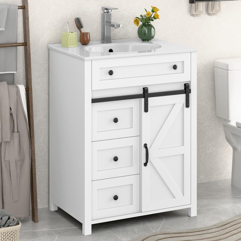 Bathroom Vanity With Sink Faucet Combo, White, 29"