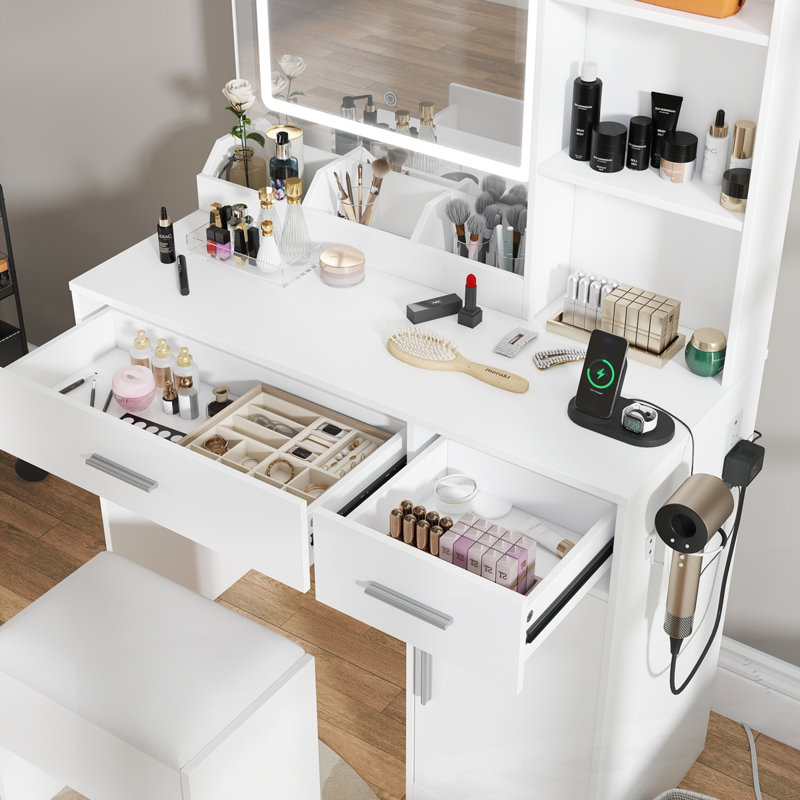 Bureau de coiffeuse avec tabouret, miroir lumineux à DEL et station de charge, Blanc