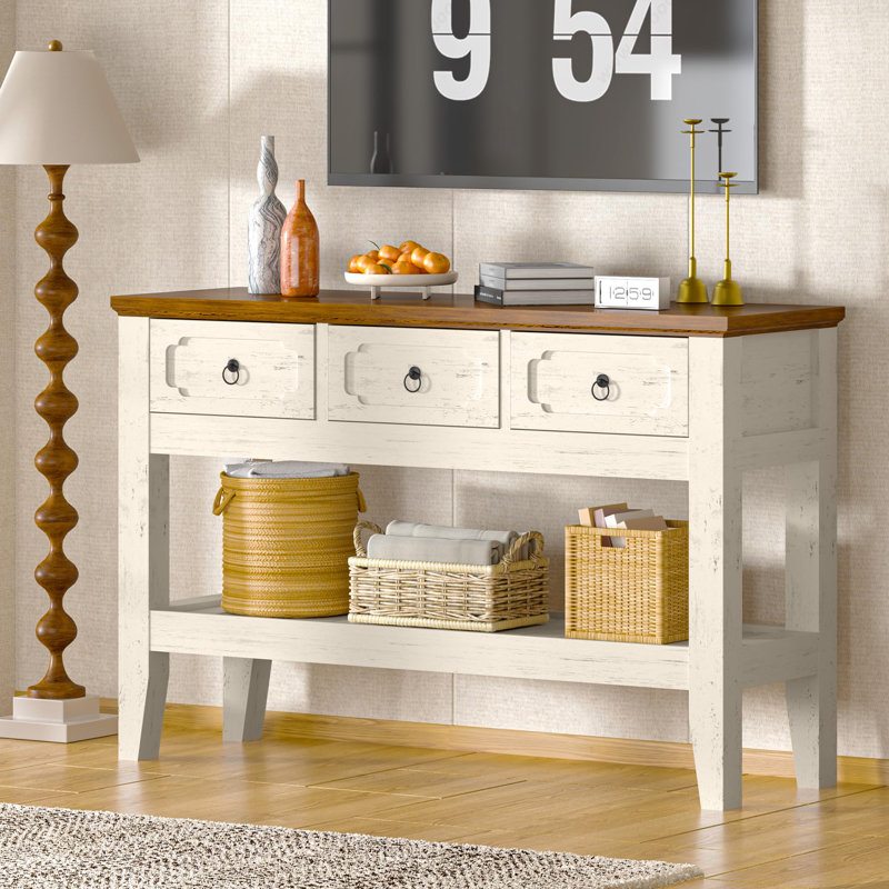 47" Console Table with Drawers, Farmhouse Rustic Entryway Table with Bottom Shelf and Solid Wood Legs for Entryway, Living Room, Entrance, Foyer - Easy Assembly