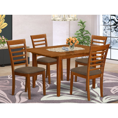 5 Piece Dining Set Includes a Rectangle Dining Room Table with Butterfly Leaf and 4 Linen Fabric Kitchen Chairs, Saddle Brown