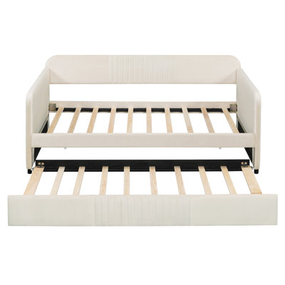 Beige Upholstered Twin Daybed with Pop-Up Trundle, Wood Slat Support, Sleeper Sofa Bed for Bedroom & Guest Room