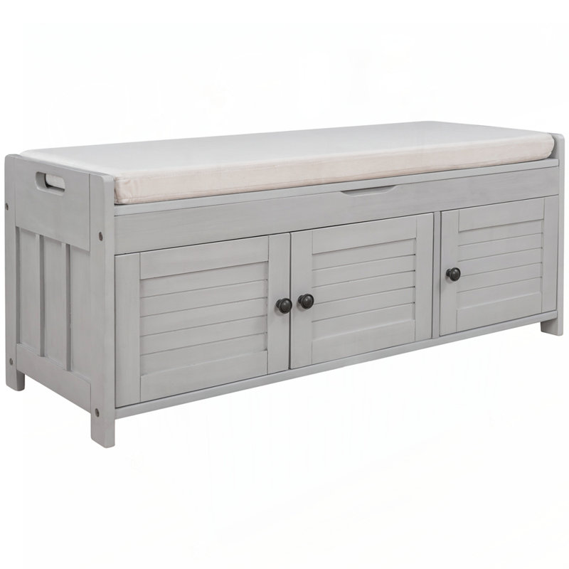 Storage Bench With 3 Shutter-Shaped Doors, Shoe Bench With Removable Cushion And Hidden Storage Space (Gray Wash), Gray Wash