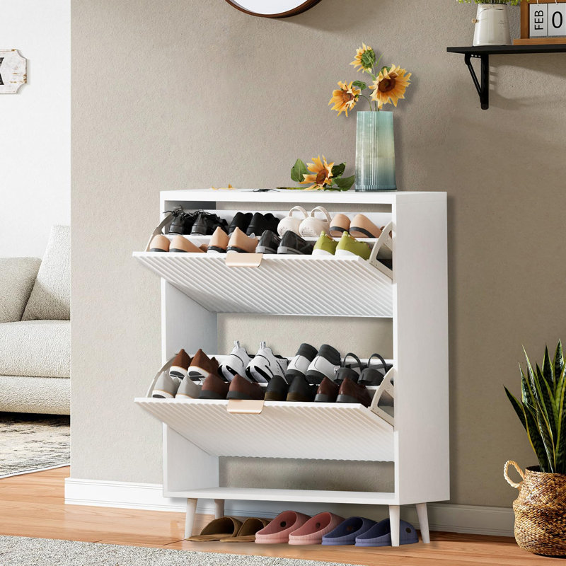 Slim Shoe Cabinet With Flip-Top Drawers, White