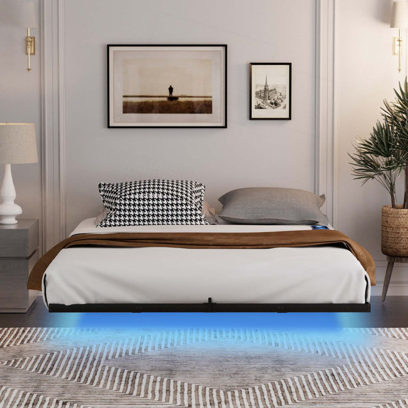 Base de lit flottante avec lumières DEL, station de charge, plateforme en métal, Grand lit