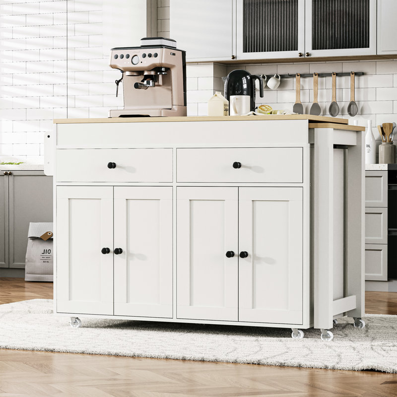 Îlot de cuisine 74,5 po avec table de salle à manger extensible, armoire de rangement, 2 tiroirs et support à épices sur roulettes, blanc