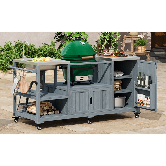 Îlot de cuisine 75,4 "avec évier pour œuf vert XL, Bleu gris