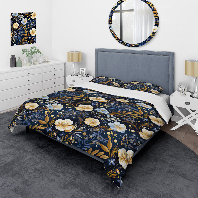 Motif de pivoines bleues et beiges - ensemble de housse de couette floral - microfibre de polyester