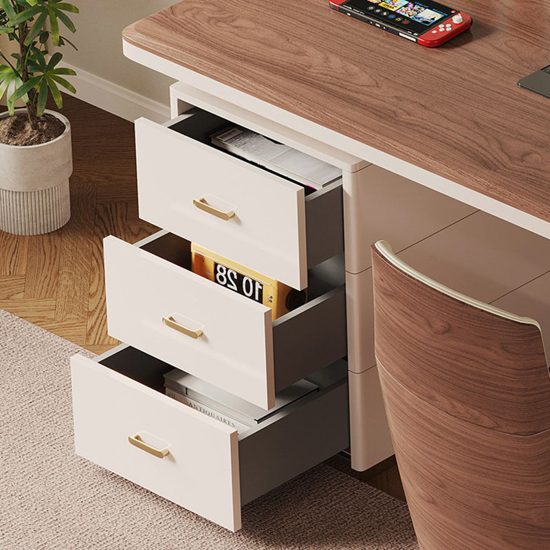 Bureau à 3 tiroirs brun noyer + blanc massif + bois manufacturé, Retour à gauche, H 29,53 po x l 62,99 po x P 27,56 po