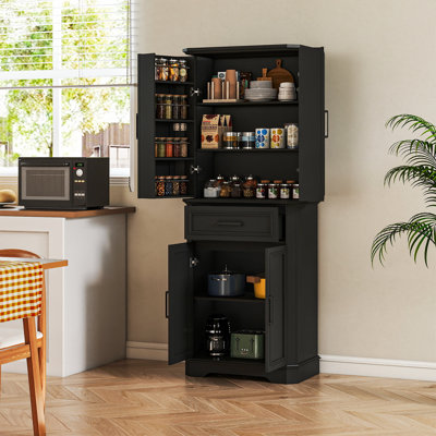 Armoire haute de style campagnard noir de 183 cm (72 po) avec tablette à épices et étagères amovibles, buffet multifonctionnel pour cuisine, salle à manger et salon