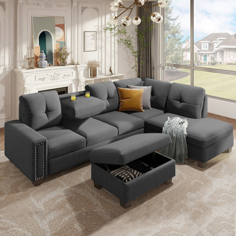 Orisfur. Reversible Sectional Sofa Space Saving With Storage Ottoman Rivet Ornament L-Shape Couch For Large Space Dorm Apartment