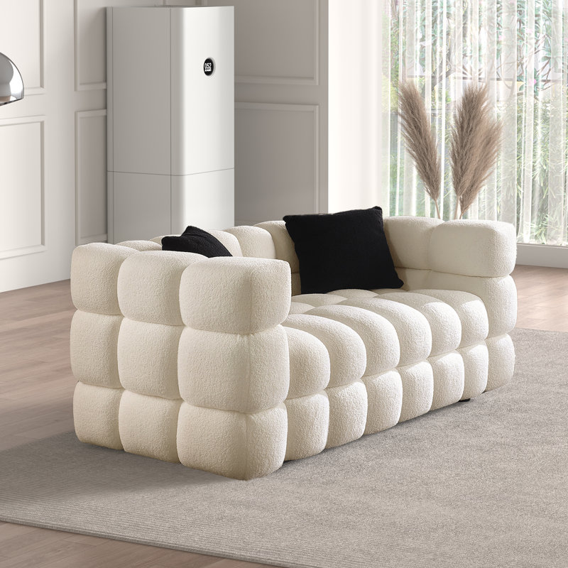 ‌Kyanne Priyen 61" Upholstered Square Arm Loveseat With 2 Throw Pillows, Boucle Living Room Sofa Set, 61" W, Green