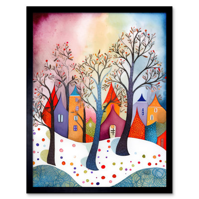 Winter Whimsy Forest Village Folk Art Art Print Framed Poster Wall Decor 12x16 inch