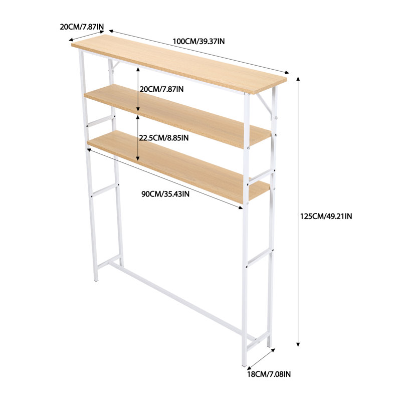 3-Tier Wood-Grain Narrow Console Table, 125cm H x 100cm W x 20cm D, Nature Wood / White, White