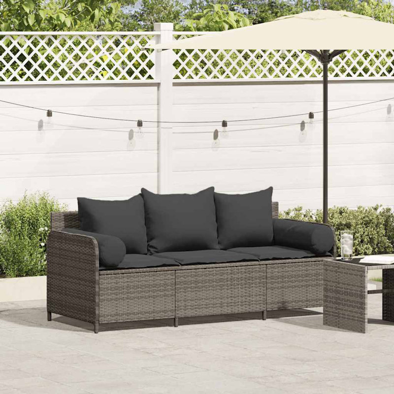 Canapé de patio avec coussins en rotin 3 places, Gris foncé, Gris