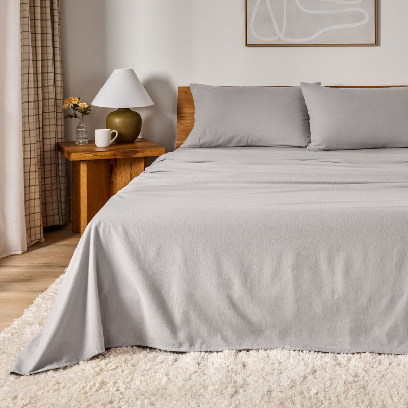100% Cotton Flannel Sheet Set, Light Gray, King Sheet Set with 2 Pillowcases