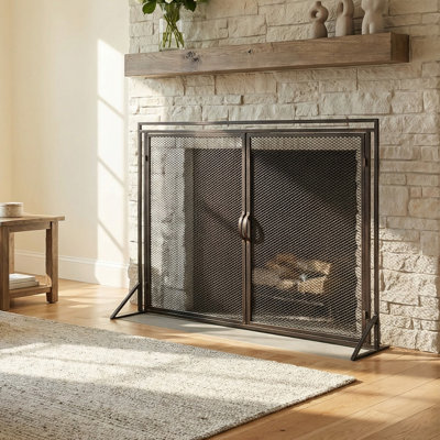 31" H X 40" W Traditional Iron Fireplace Screen with Mesh Netting Flat Decorative Guard Cover with Two Doors