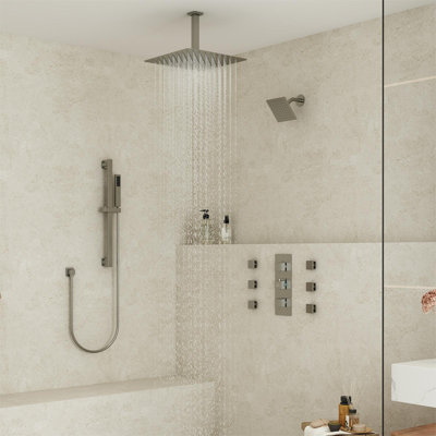 Système de douche thermostatique avec pomme de douche pluviale double 16 pouces avec barre coulissante 16 pouces et douchette corporelle Rainfall Symphony