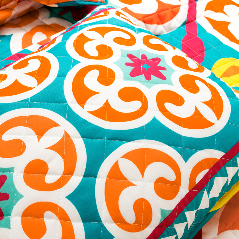 Turquoise/Orange Microfiber Reversible 3 Piece Quilt Set, King/California King Quilt + 2 Standard Shams