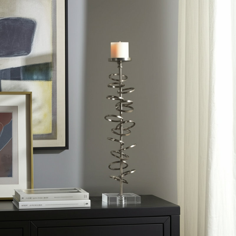 Modern Metal Aluminum Spiral Ring Pillar or Taper Candle Holder with Clear Square Base - Contemporary Sculptural Design Accent Decor for Stylish Tabletop or Shelf Display