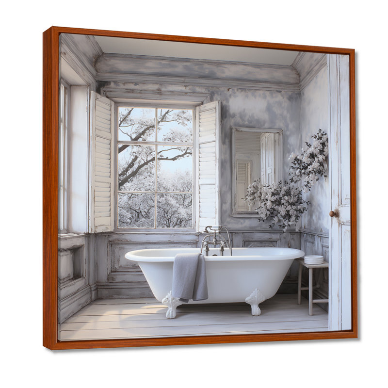 Farmhouse Bathroom Charm II - impressions sur toile blanchisserie, H 16 po x l 16 po, Reproduction avec cadre flottant, Brun