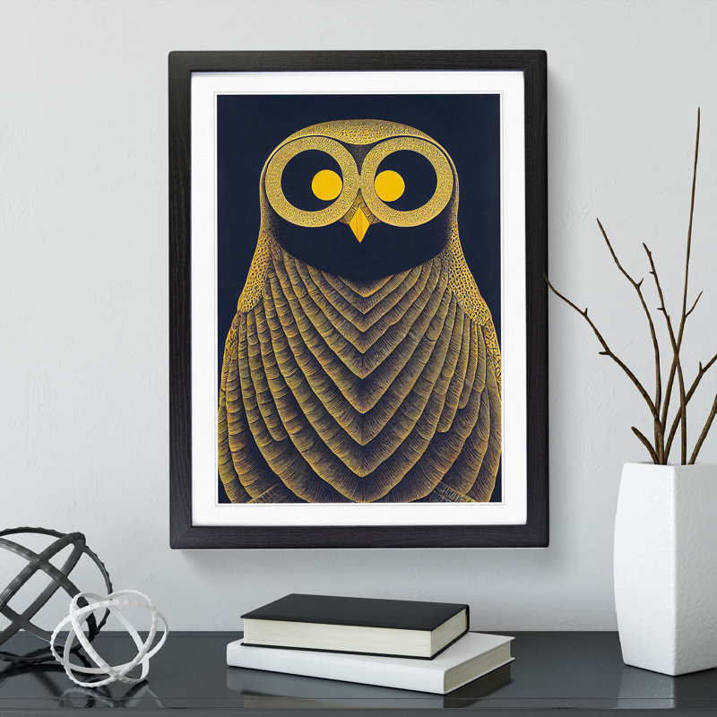 Antique Owl Art No.4 - Single Picture Frame Print, Black Framed, 64cm H x 46cm W x 2cm D