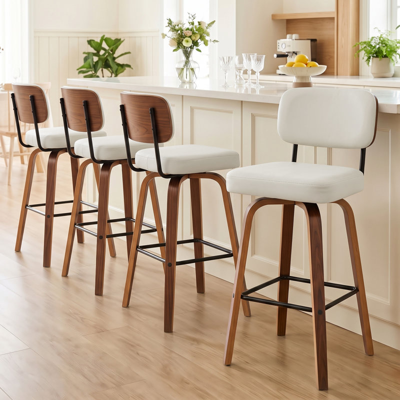Tabouret de bar pivotant rembourré avec structure en bois courbé au fini noyer, Blanc, 25.2