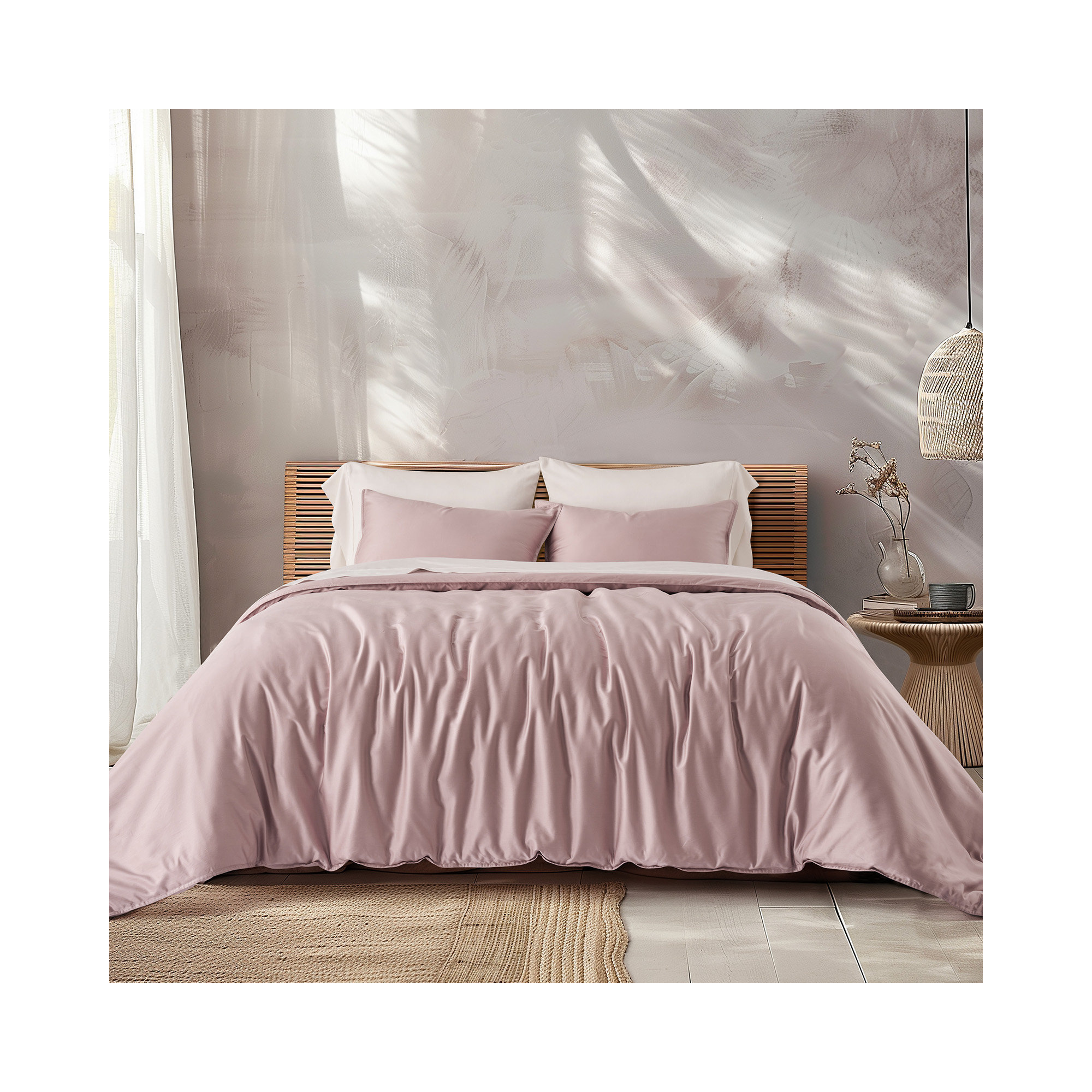 Cotton Tencel Duvet Cover Set, King Duvet Cover + 2 King Shams, Mauve Pink