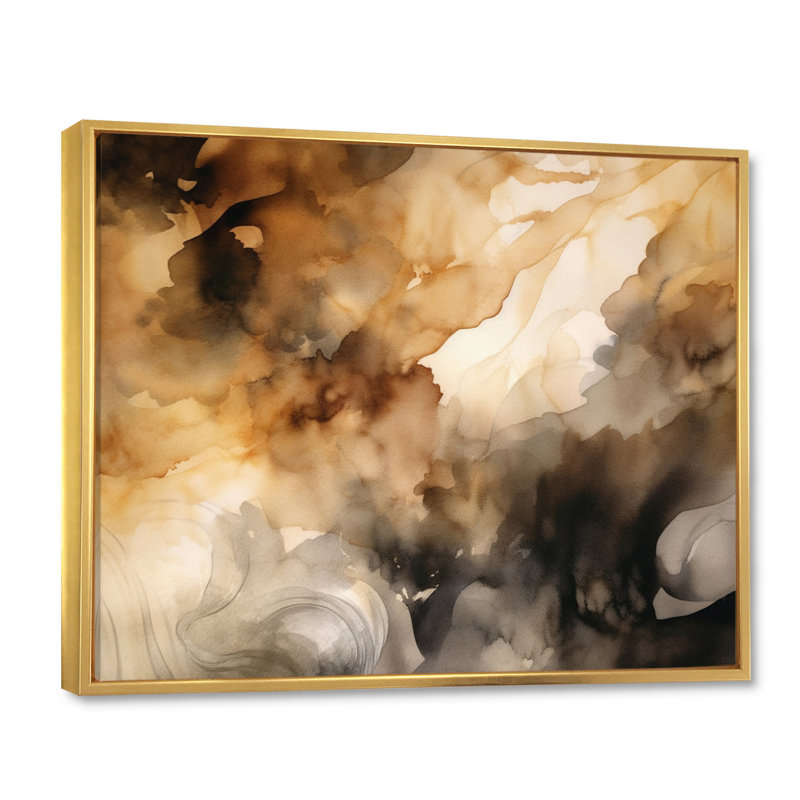 Brun et crème - Fluidité abstraite - art mural abstrait, Cadre flottant doré, H 34 po x l 44 po x P 1,5 po