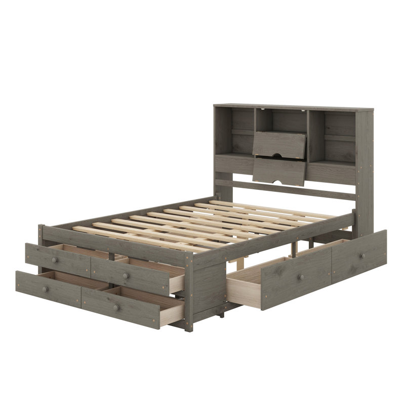 Lit plateforme avec tête de lit avec rangement et 8 tiroirs, Gris