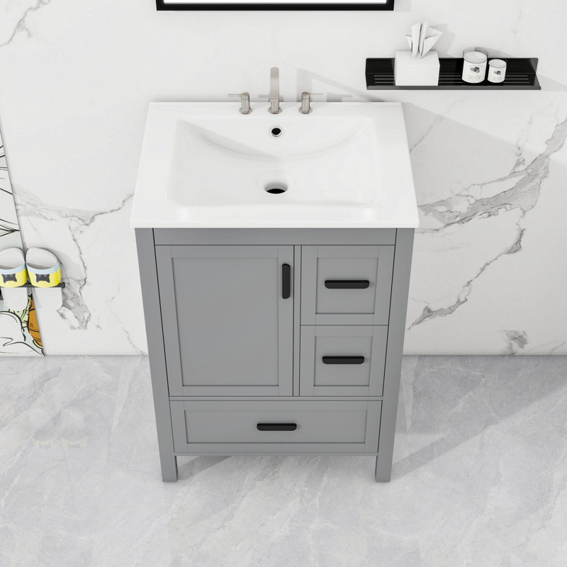 Modern Bathroom Vanity with Ceramic Sink, 3 Drawers and Soft-Close Door Cabinet, Gray