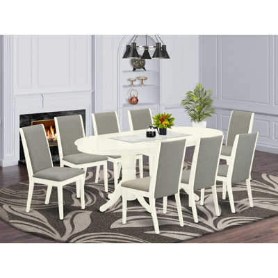 9 Piece Kitchen Table Set Includes an Oval Dining Table with Butterfly Leaf and 8 Shitake Linen Fabric Parson Dining Room Chairs, Linen White