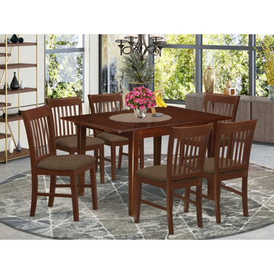 7 Piece Kitchen Table Set Consist of a Rectangle Dining Table with Butterfly Leaf and 6 Linen Fabric Dining Room Chairs, 36x54 Inch, Mahogany
