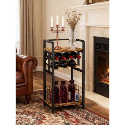 3-Tier Freestanding Wine Rack With Wood Top, Metal Liquor Storage Stand For Kitchen, Living Room, Cellar, Corner Bar Table For Small Spaces