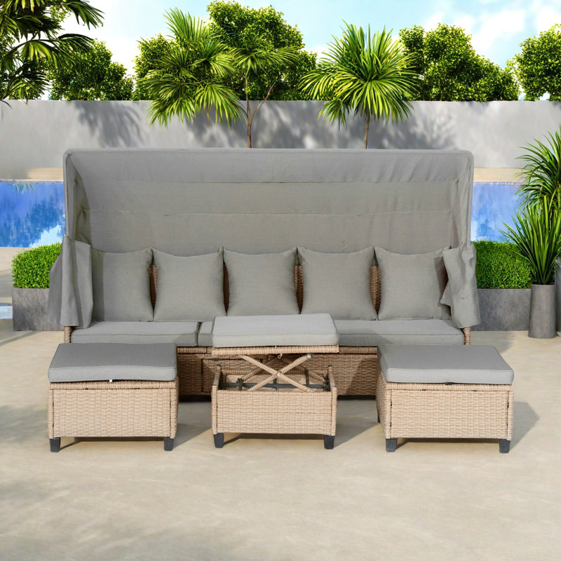 4 Pieces Uv-proof Resin Wicker Patio Sofa Set Included A 4-seat Sofa, 2 Ottomans, A Lifting Table, Retractable Canopy, Cushions And Adjustable Backrest