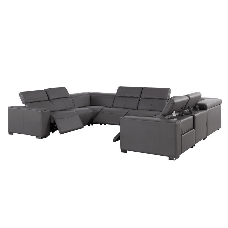 Arcadia Luxurious 8-Piece U-Sectional In Genuine Leather With 2 Power Recliners With Power Headrests, Gray