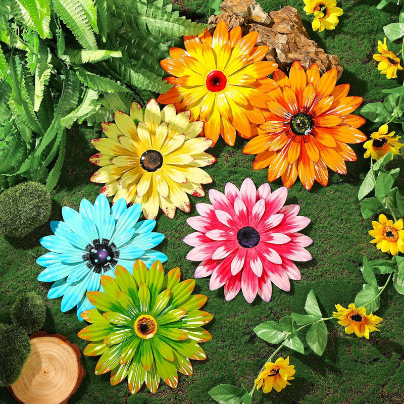 6 pièces de décoration murale marguerite en métal 3D