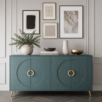 60 po LuxurySideboard, crédence de rangement ronde à 4 portes en relief, console de vestibule moderne avec poignées dorées