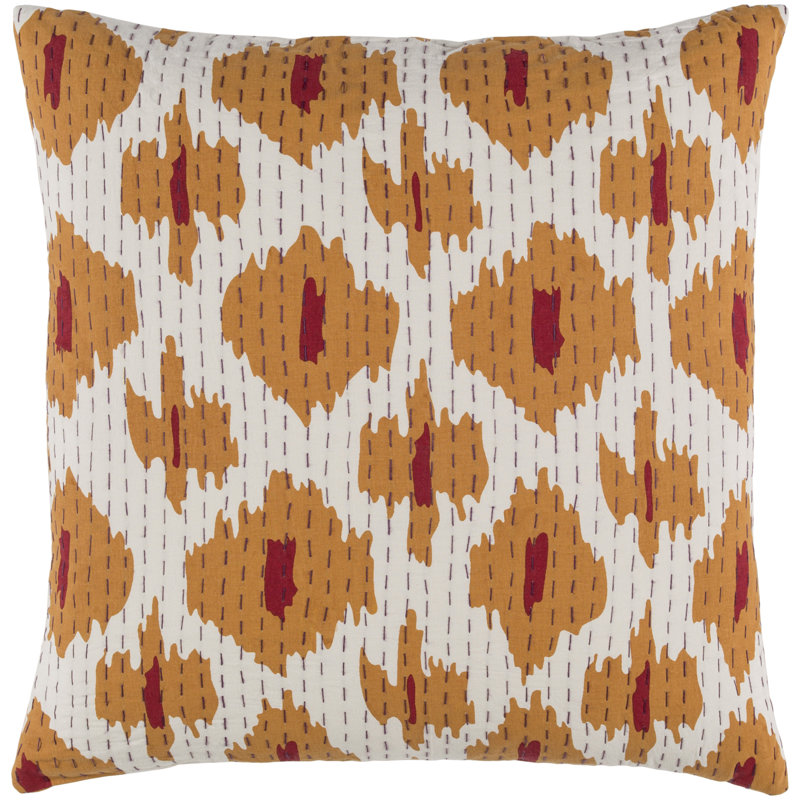 Oreiller 100% coton Kantha, 22 po x 22 po, Orange vif / cerise / aubergine / ivoire, Mélange de duvet