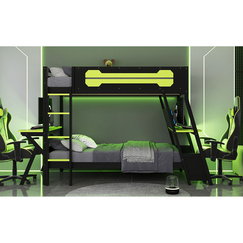 Lits superposés en bois peu encombrants avec bureaux de jeu doubles et ports USB, vert moderne