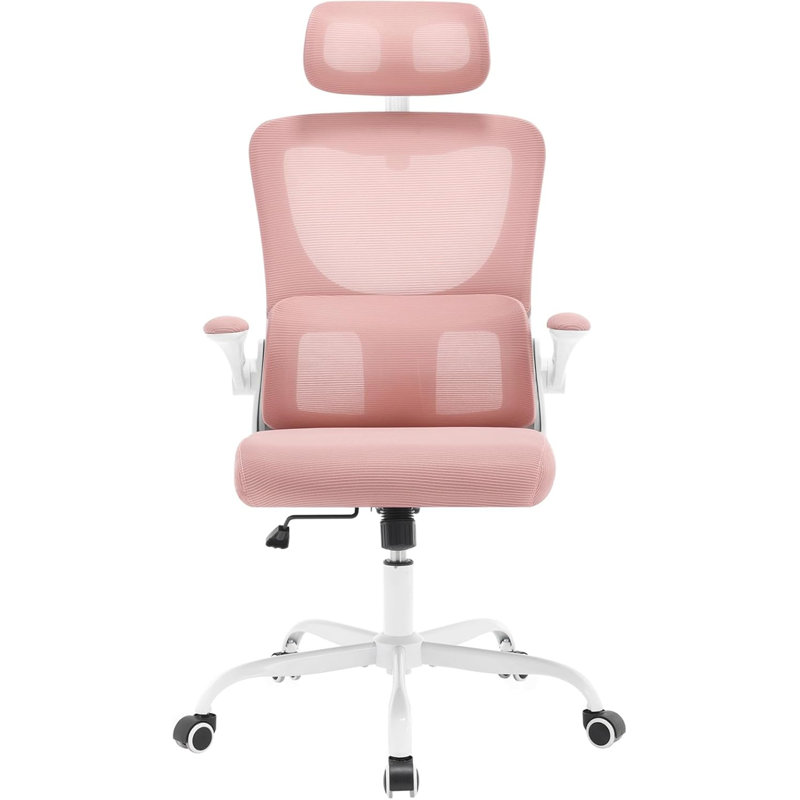 Geralde Office Chair with Headrest, White, Pink