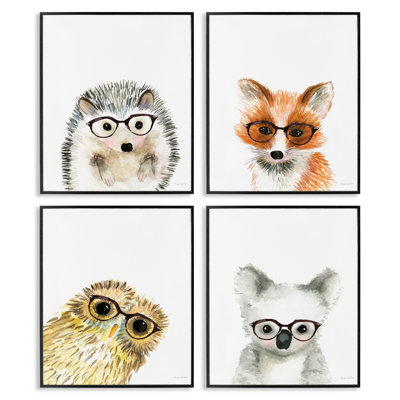 Adorable Forest Animals with Glasses Owl Fox 4pc Black Framed Giclee Oversized Texturized Art Set by Mercedes Lopez Charro