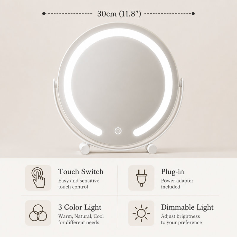 Round LED Makeup Mirror, Touch Control, 3 Color Modes, 360° Rotation